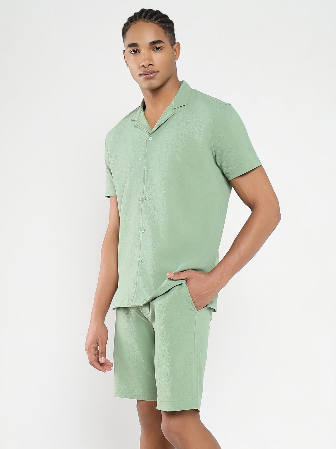 Men Green Solid Co Ords Set