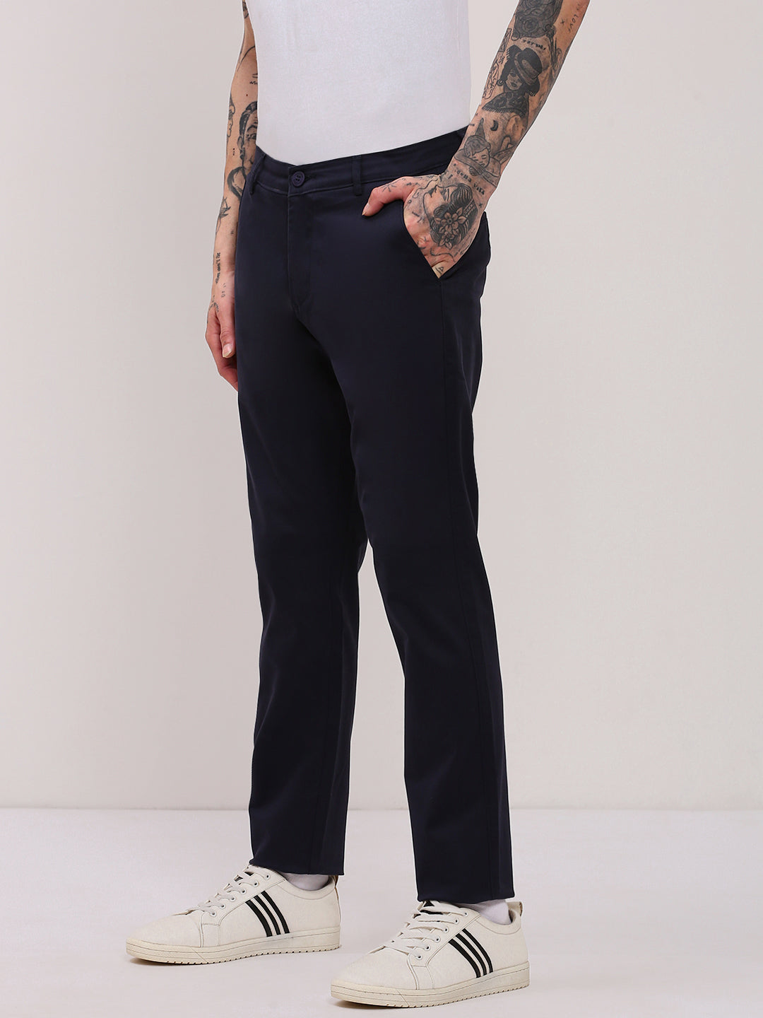 Men Navy Blue Solid Trousers