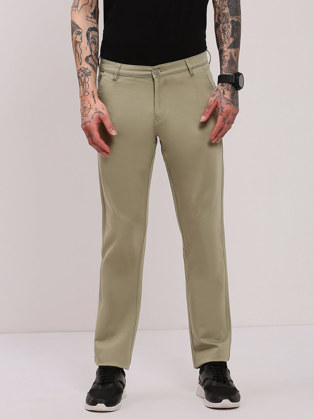 Men Green Solid Trousers