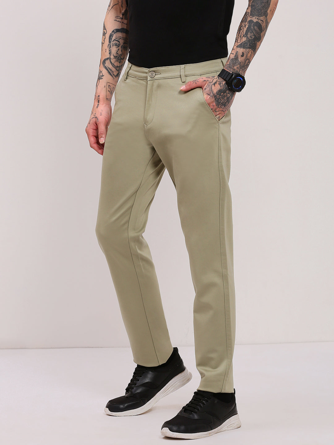 Men Green Solid Trousers