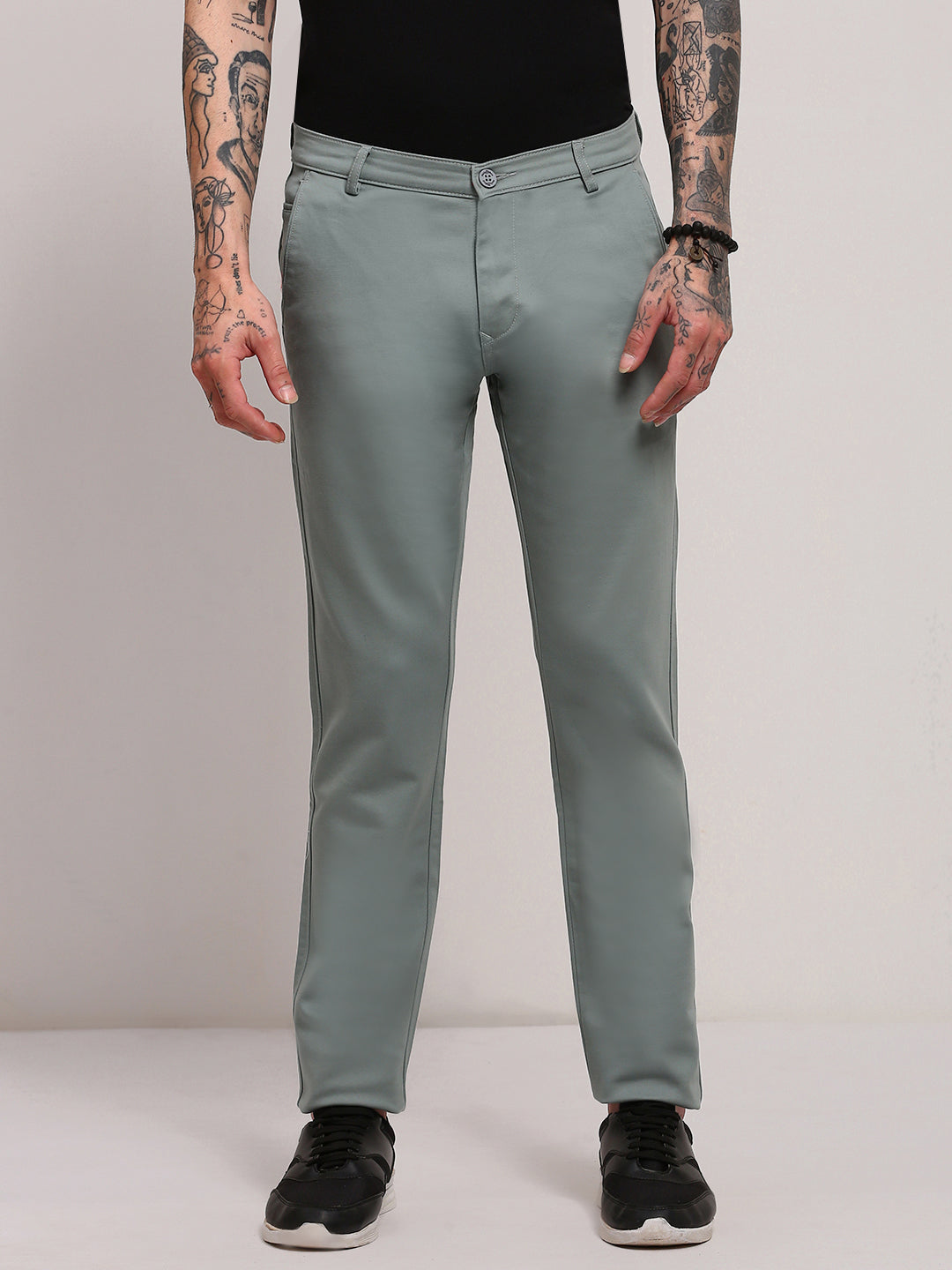 Men Green Solid Trousers