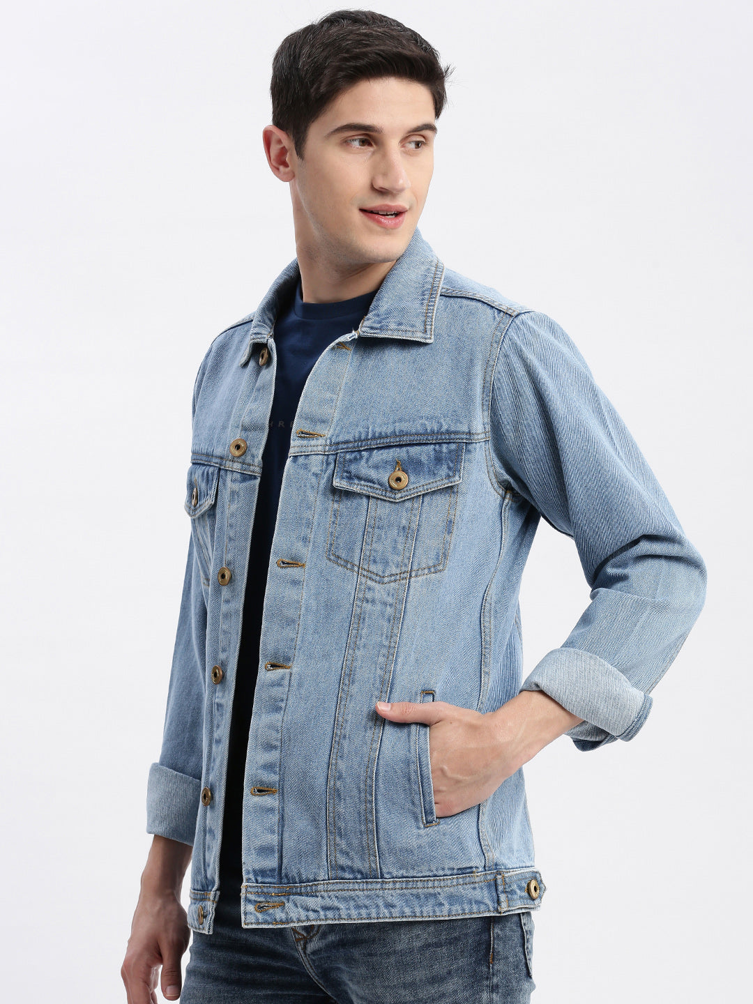 Men Solid Spread Collar Blue Denim Jacket