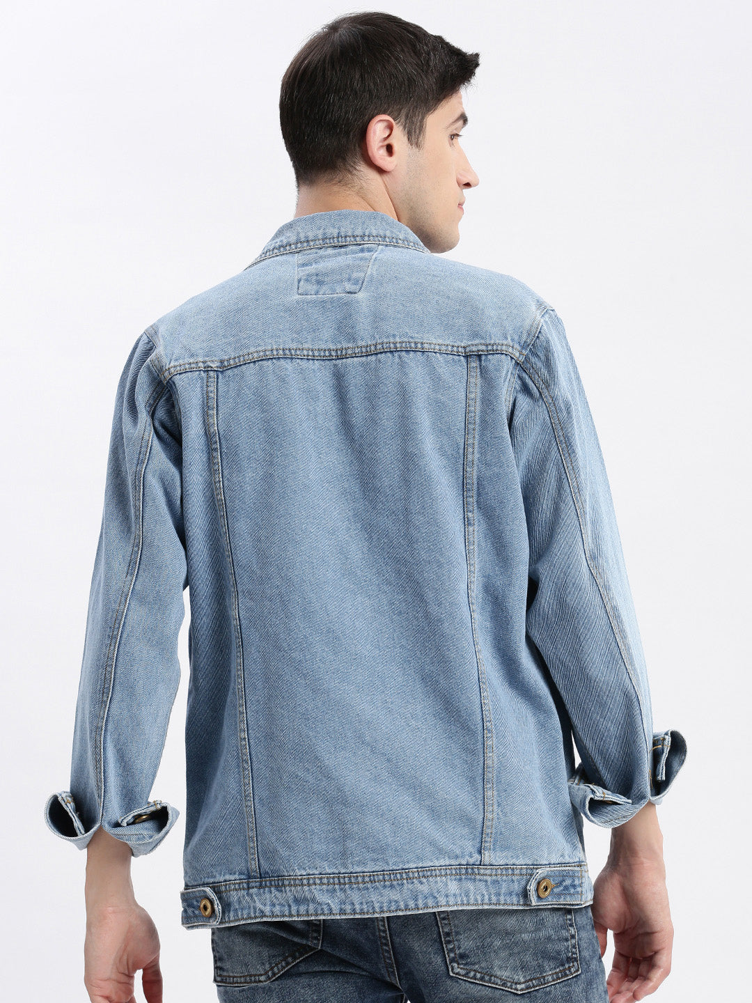 Men Solid Spread Collar Blue Denim Jacket