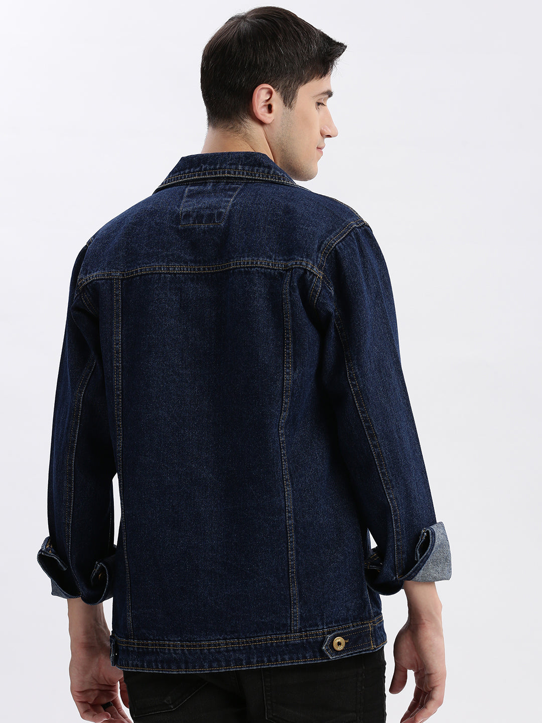 Men Solid Spread Collar Navy Blue Denim Jacket