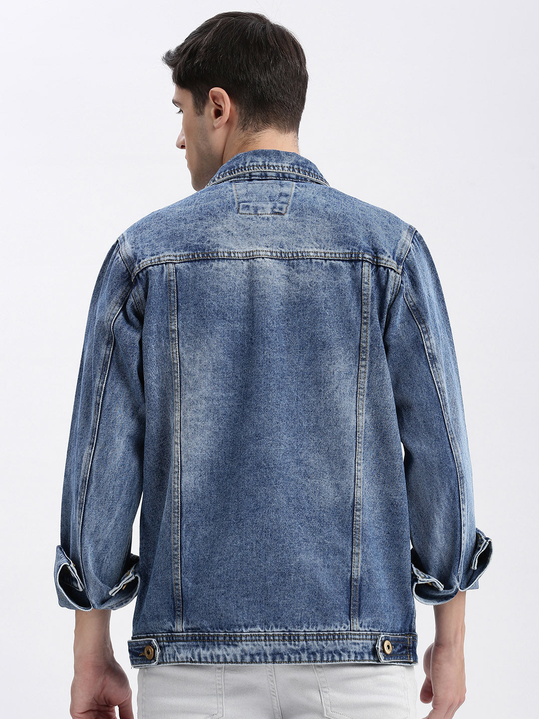 Men Solid Spread Collar Blue Denim Jacket