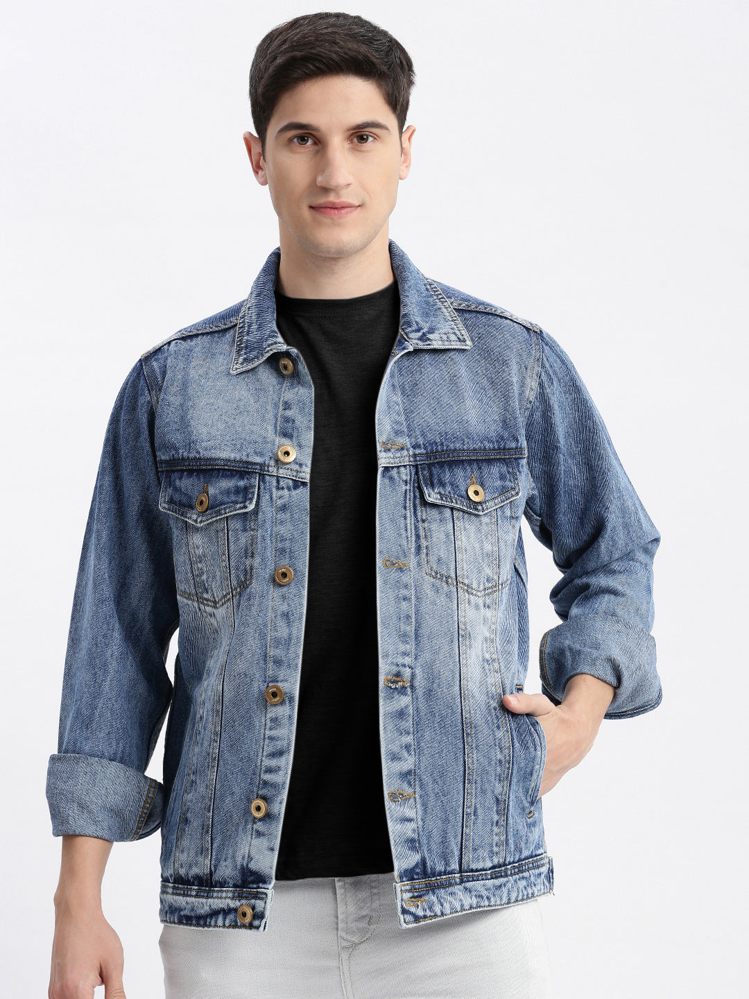 Men Solid Spread Collar Blue Denim Jacket