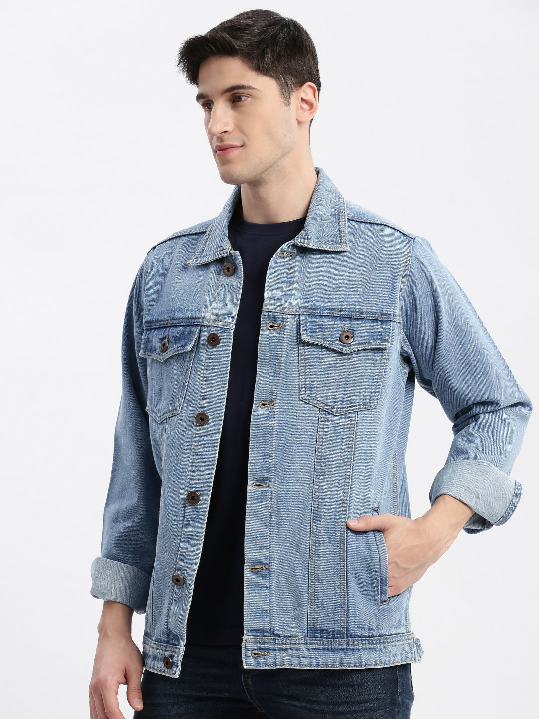 Men Solid Spread Collar Blue Denim Jacket