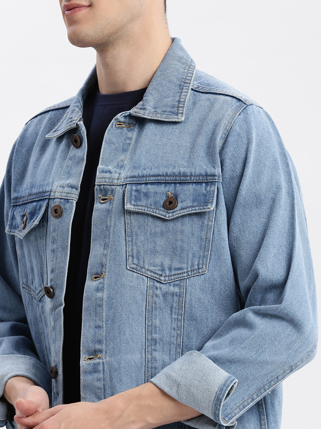 Men Solid Spread Collar Blue Denim Jacket