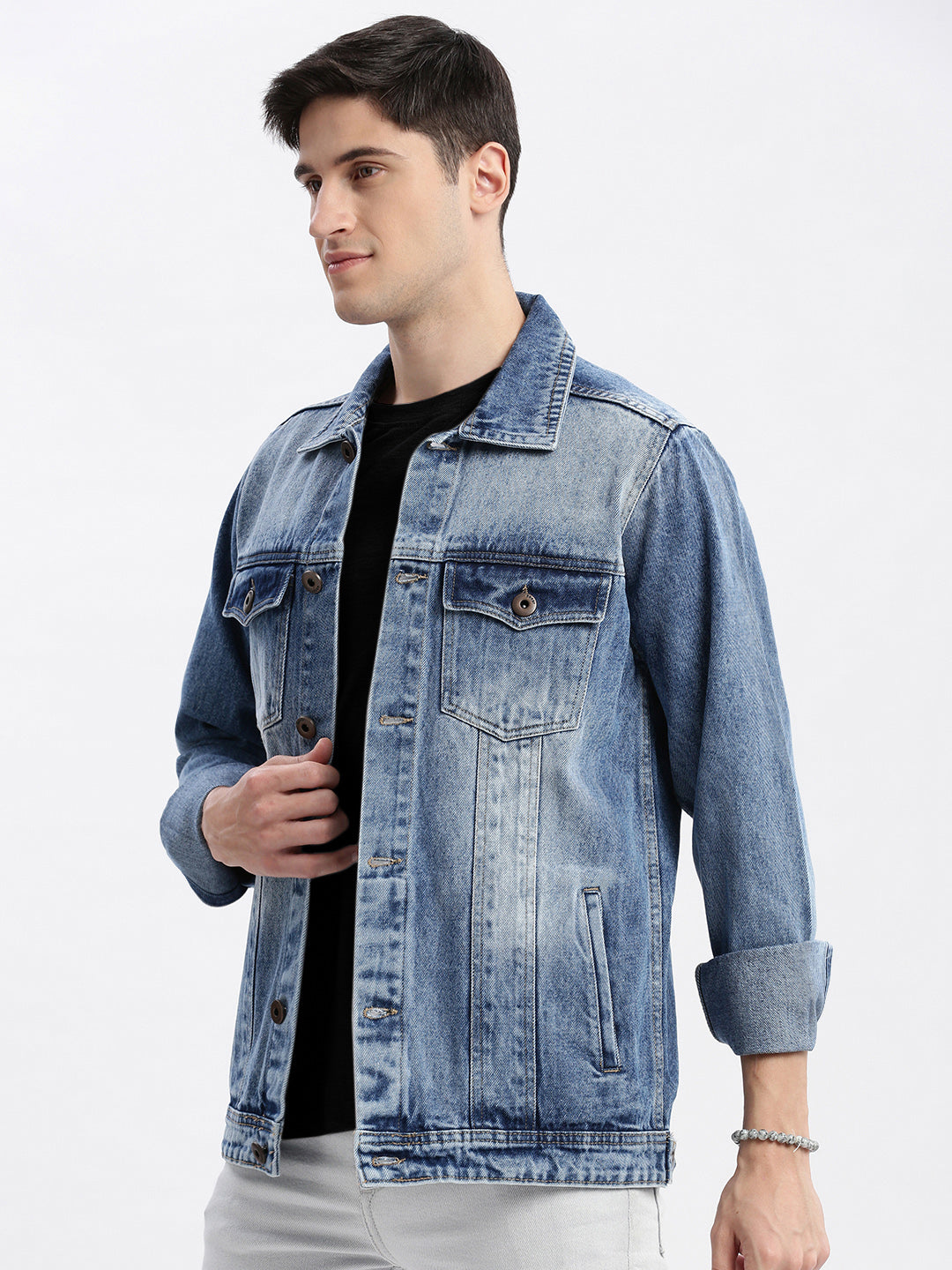 Men Solid Spread Collar Blue Denim Jacket