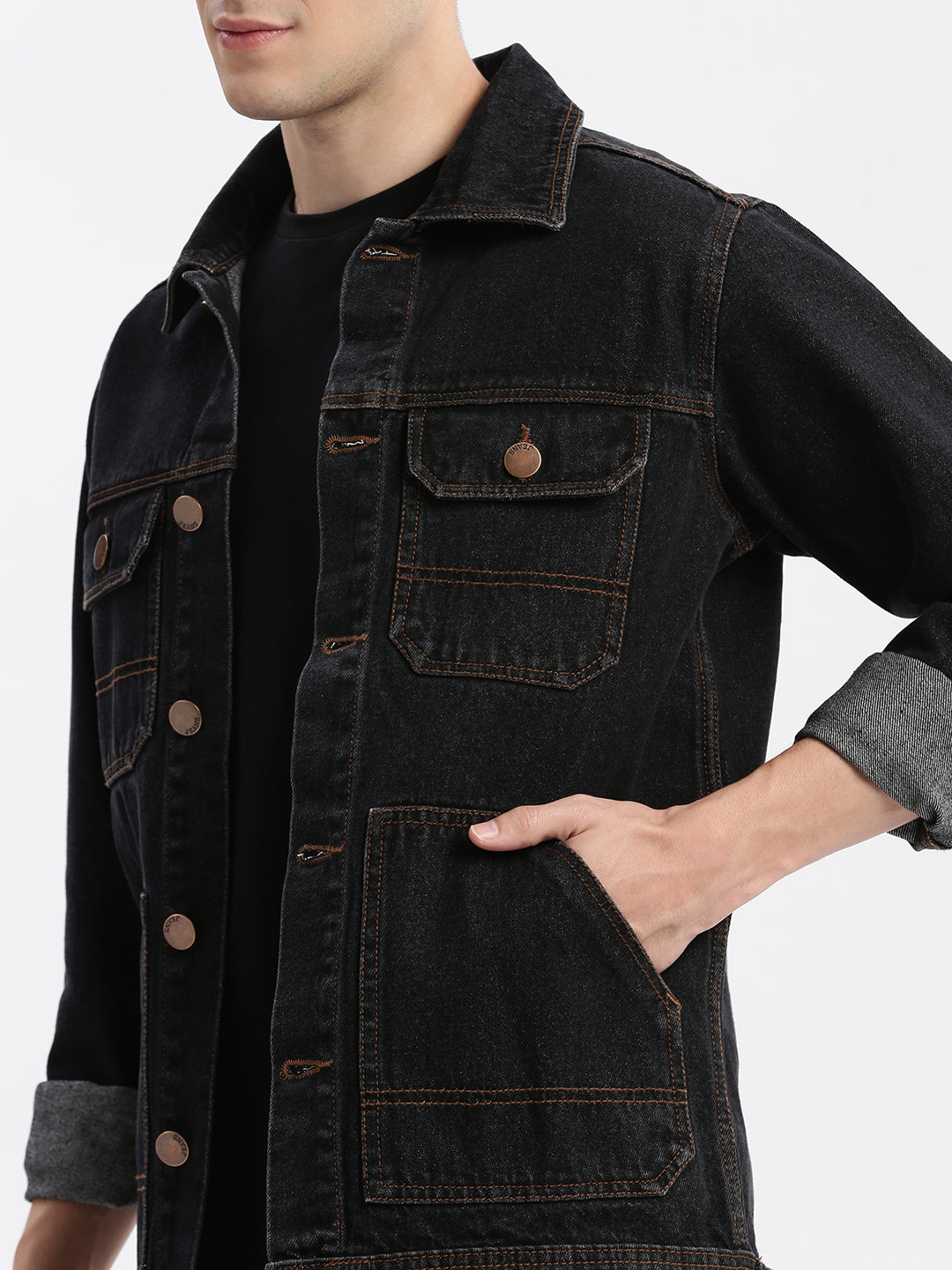 Men Solid Spread Collar Black Denim Jacket