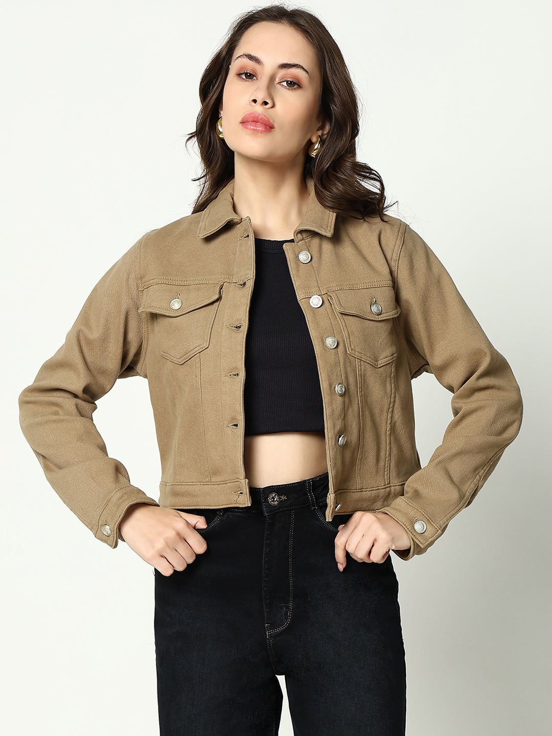 Women's Khaki Solid Denim Jacket