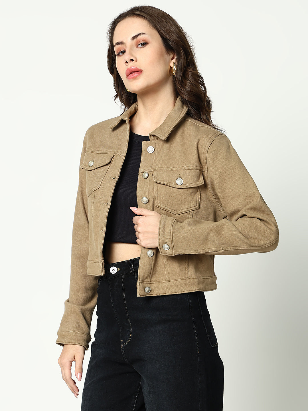 Women's Khaki Solid Denim Jacket