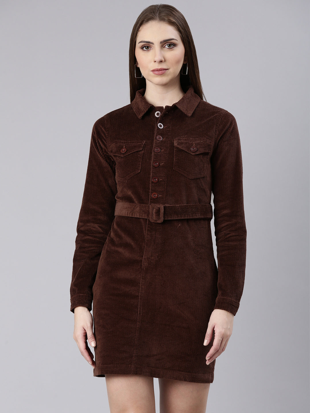 Women Coffee Brown Solid Shirt Dress