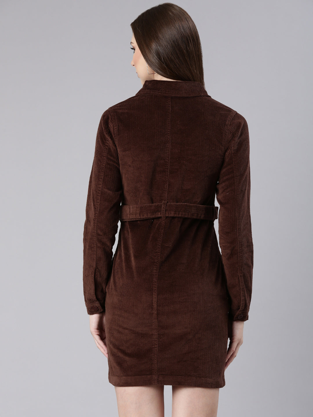 Women Coffee Brown Solid Shirt Dress