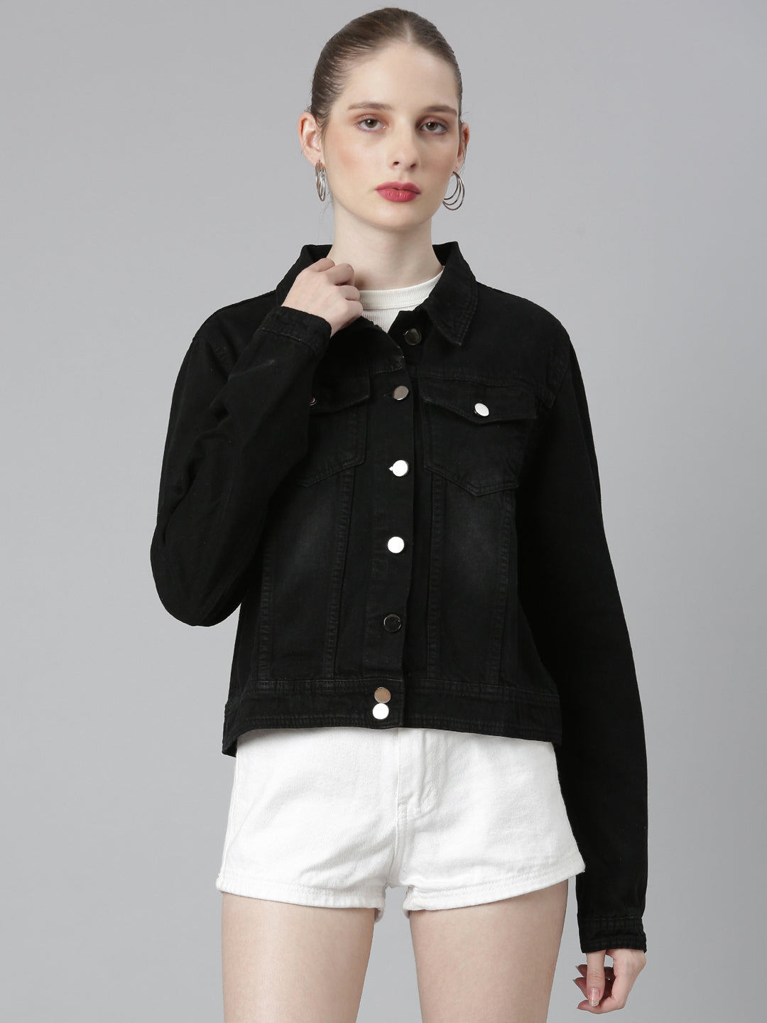 Women Black Solid Denim Jacket