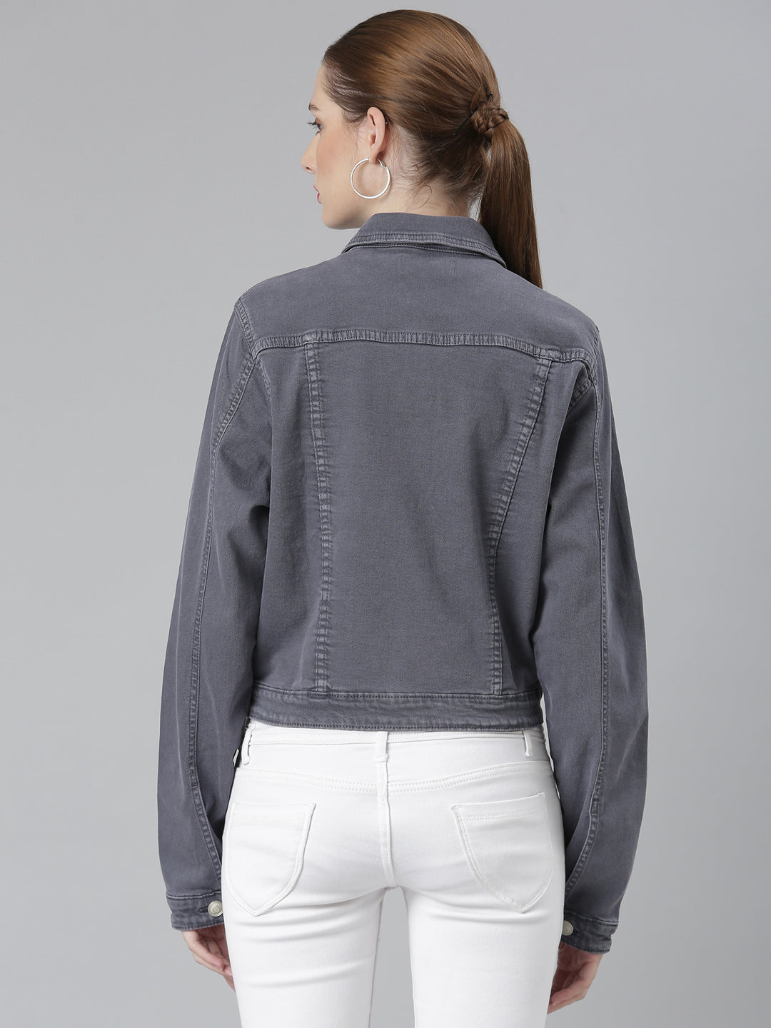 Women Grey Solid Denim Jacket