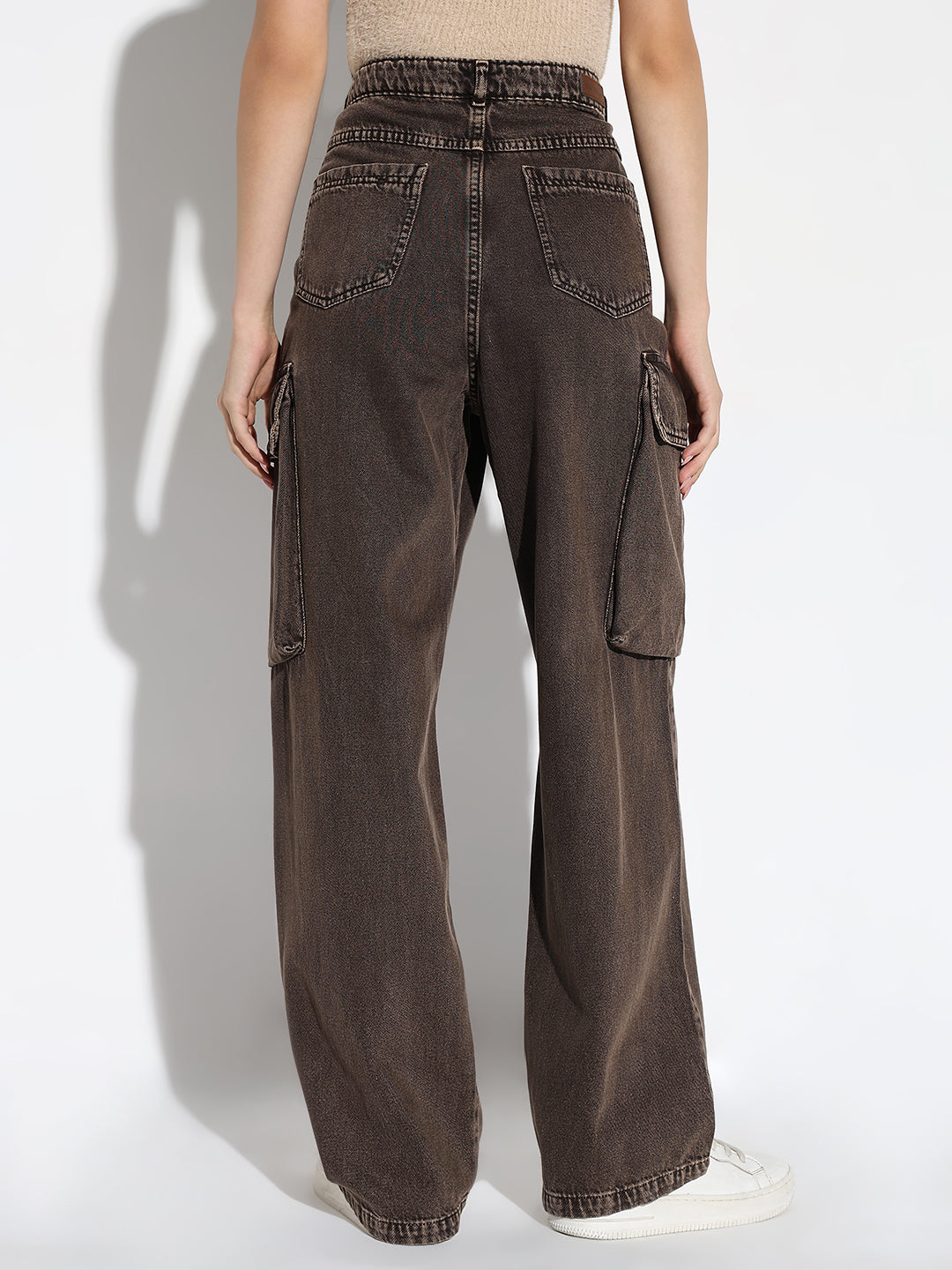 Women Brown Wide Leg Cargo Jeans