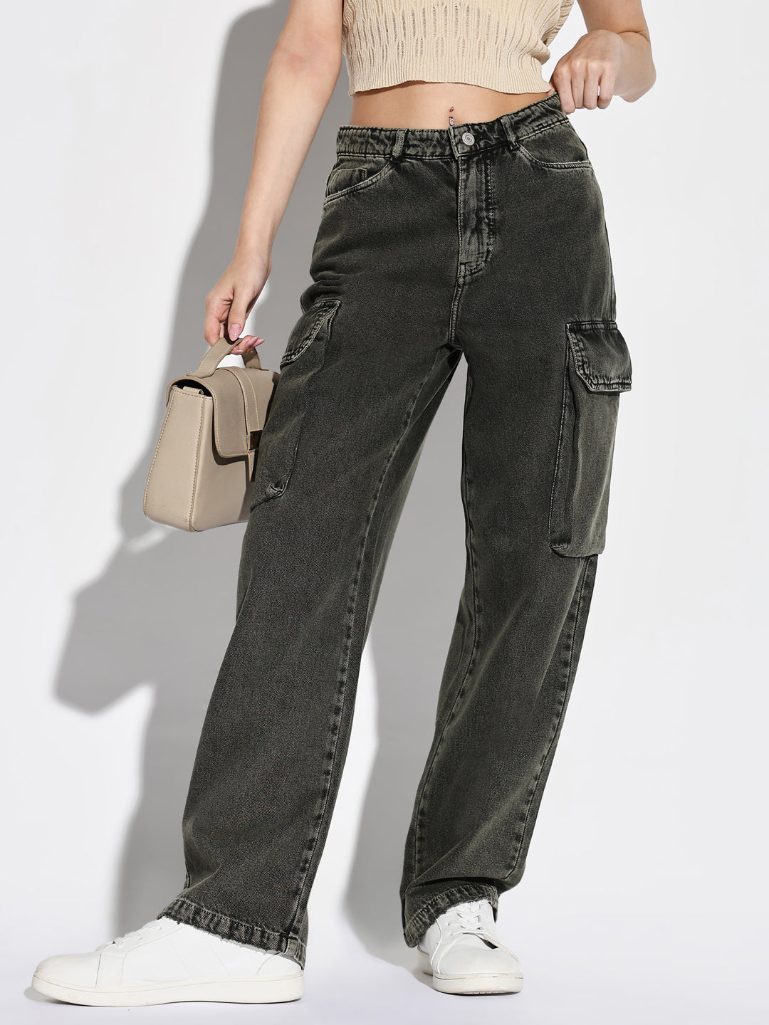 Women Olive Wide Leg Cargo Jeans