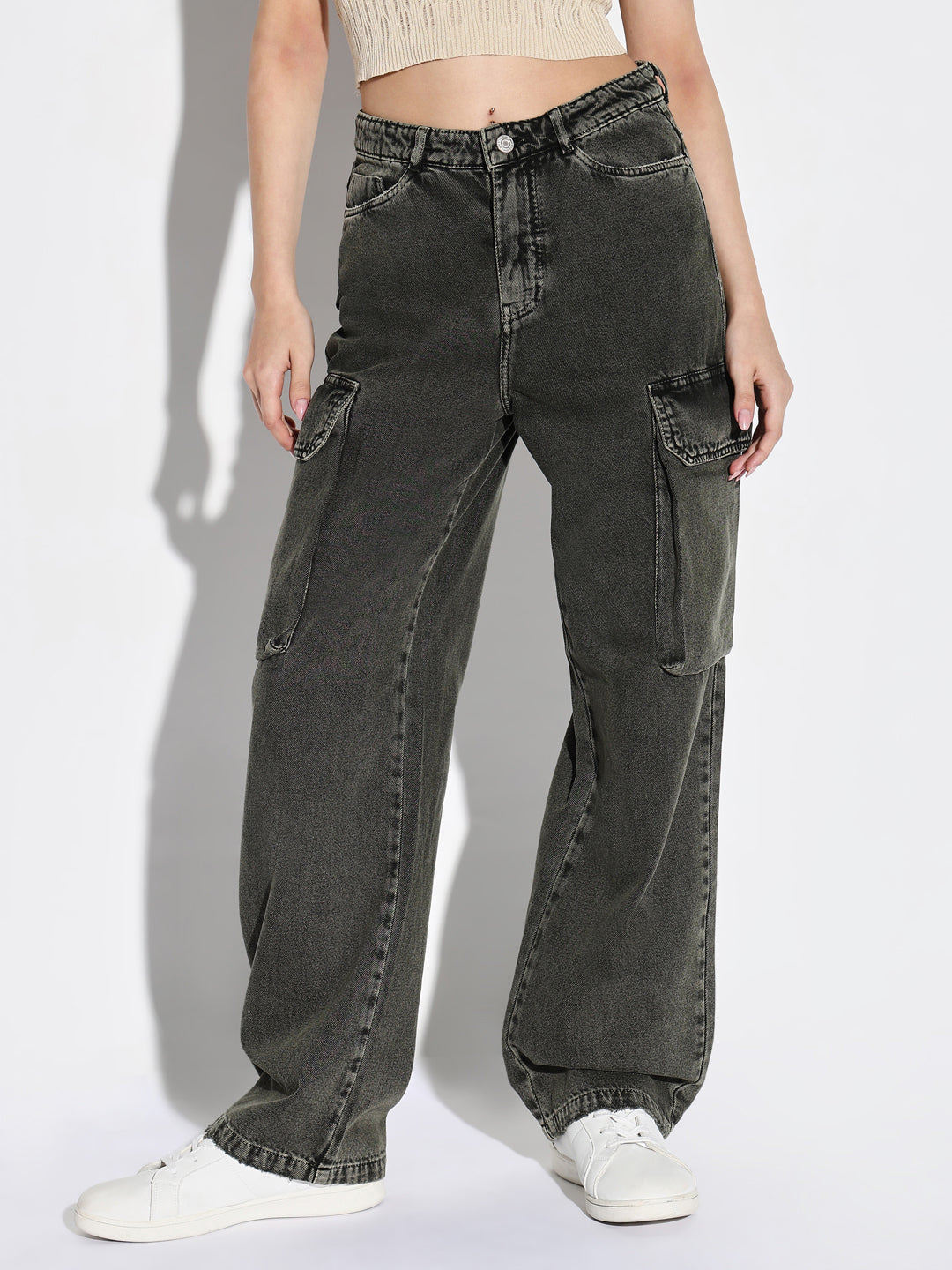 Women Olive Wide Leg Cargo Jeans