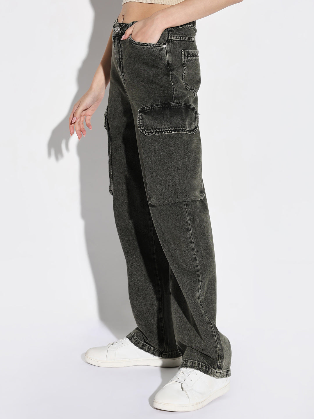 Women Olive Wide Leg Cargo Jeans