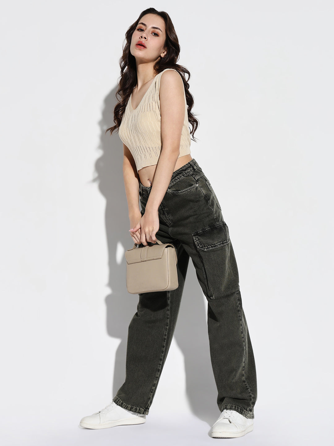 Women Olive Wide Leg Cargo Jeans