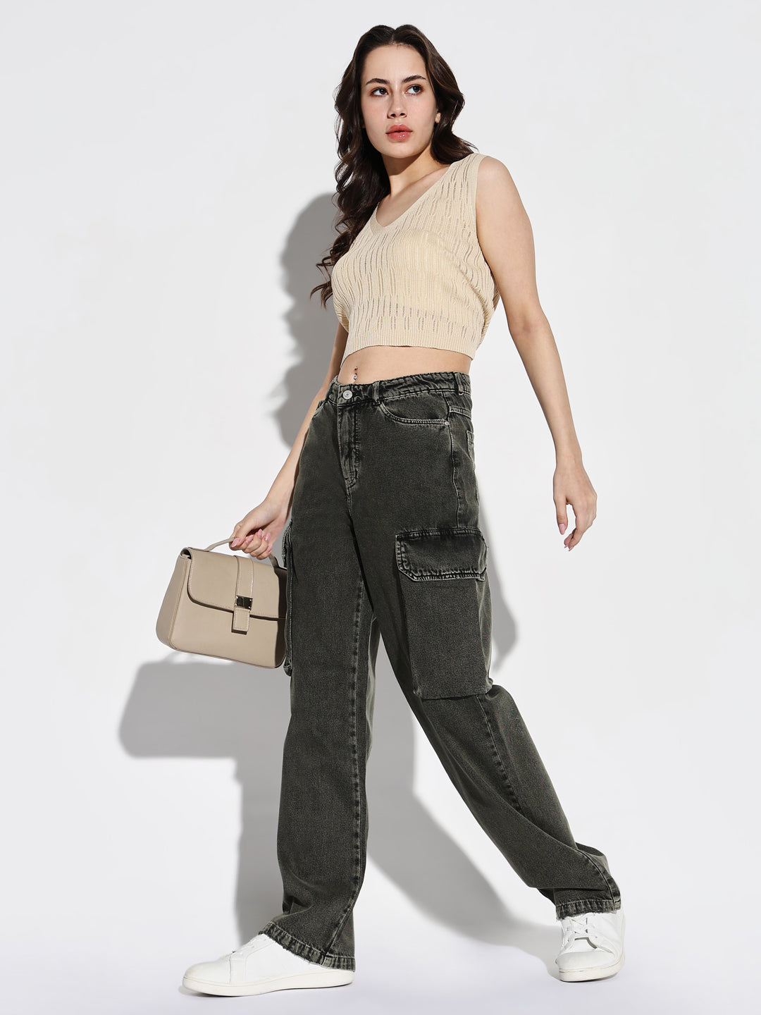 Women Olive Wide Leg Cargo Jeans