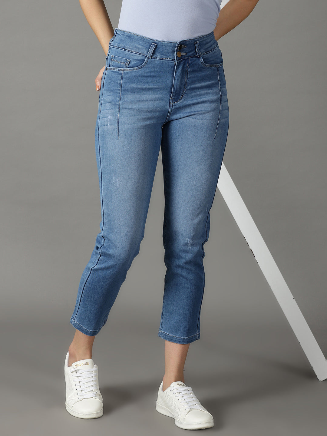 Women Solid Blue Relaxed Fit Denim Jeans