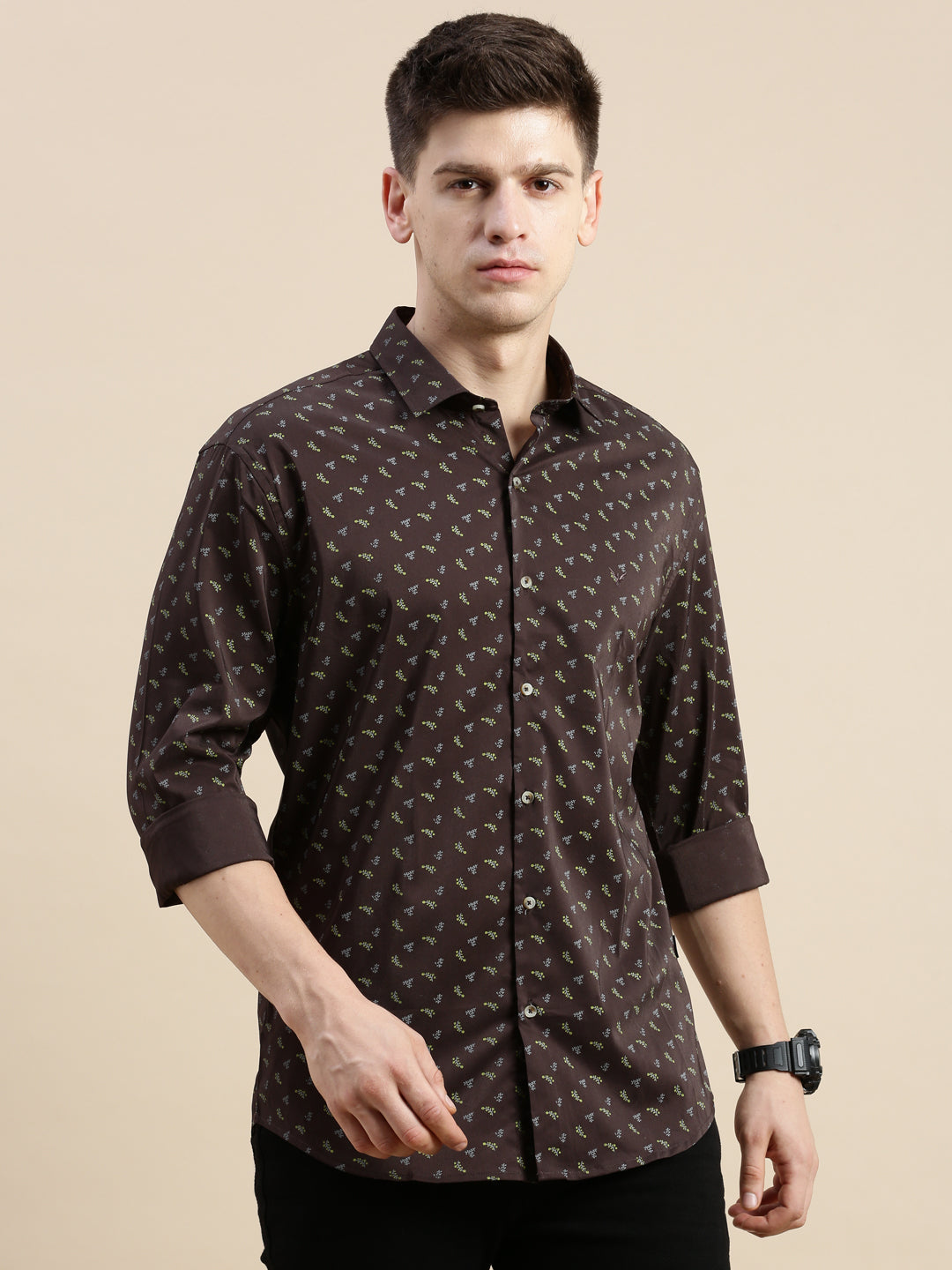 Men Spread Collar Printed Coffee Brown Shirt