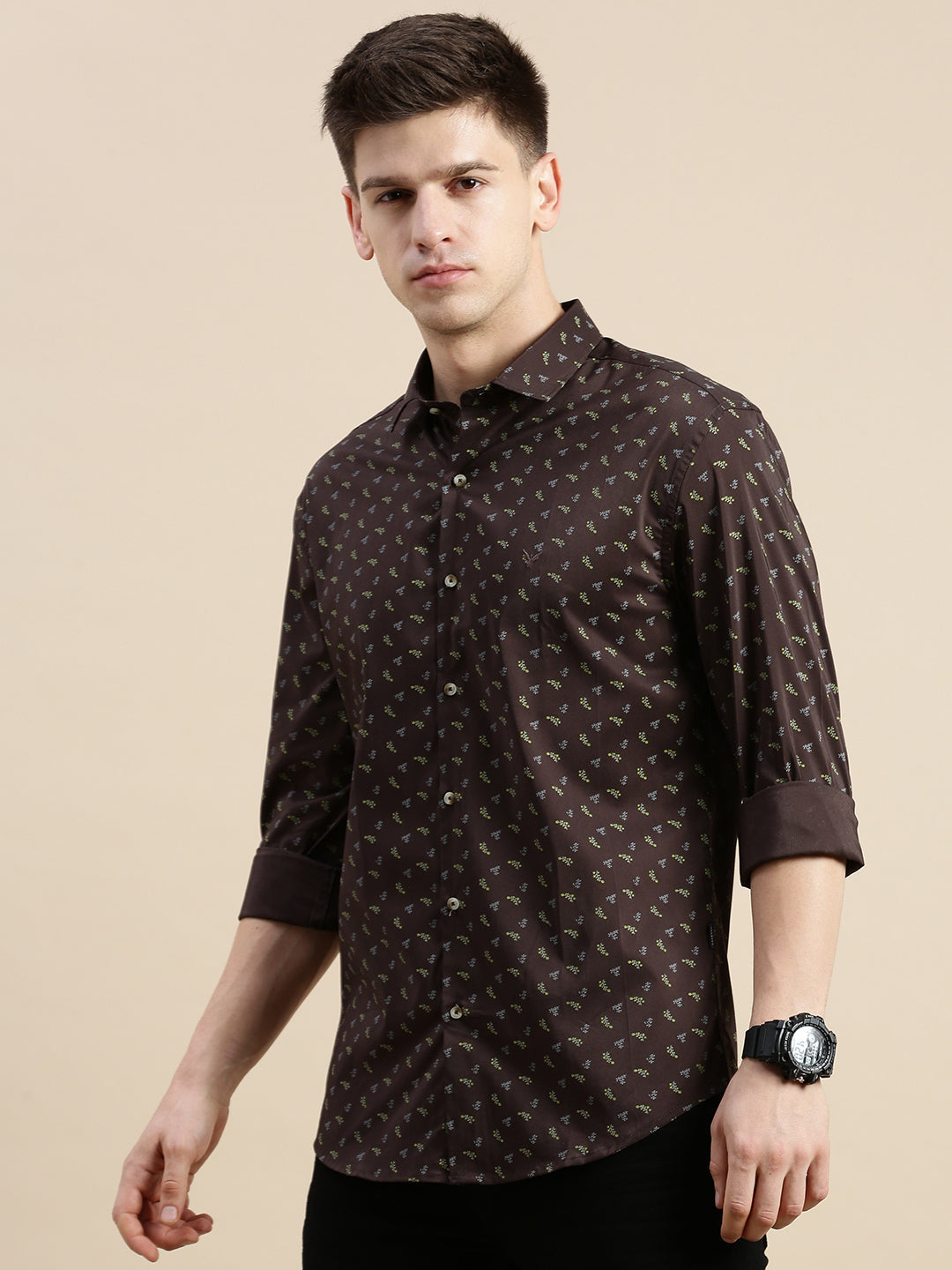 Men Spread Collar Printed Coffee Brown Shirt