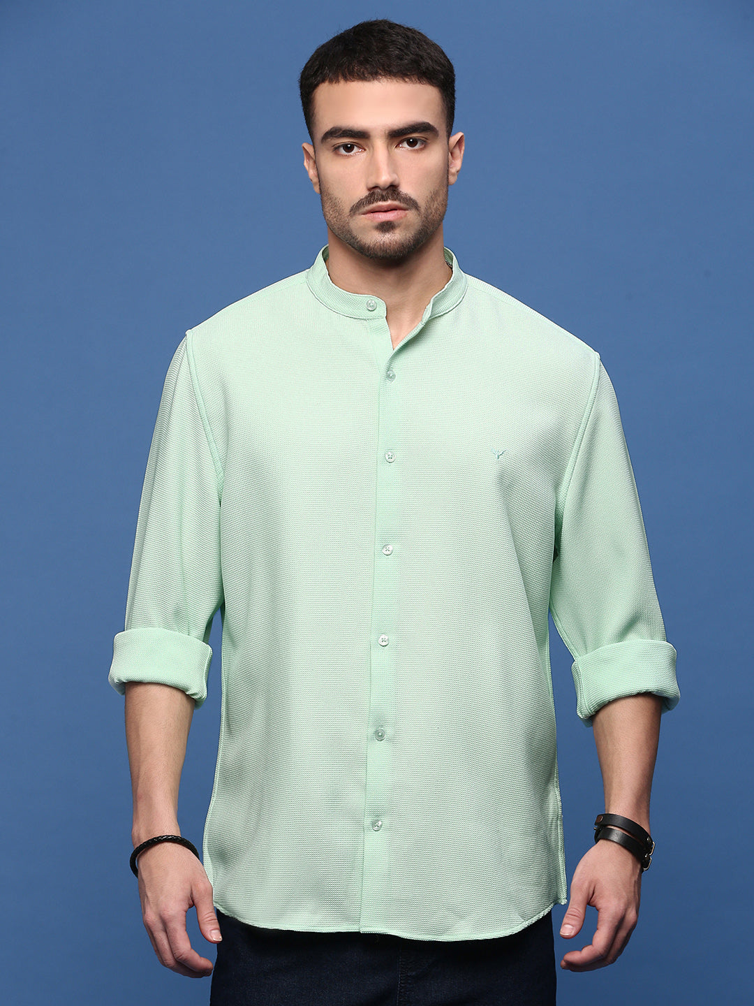 Men Sea Green Solid Slim Fit Shirt