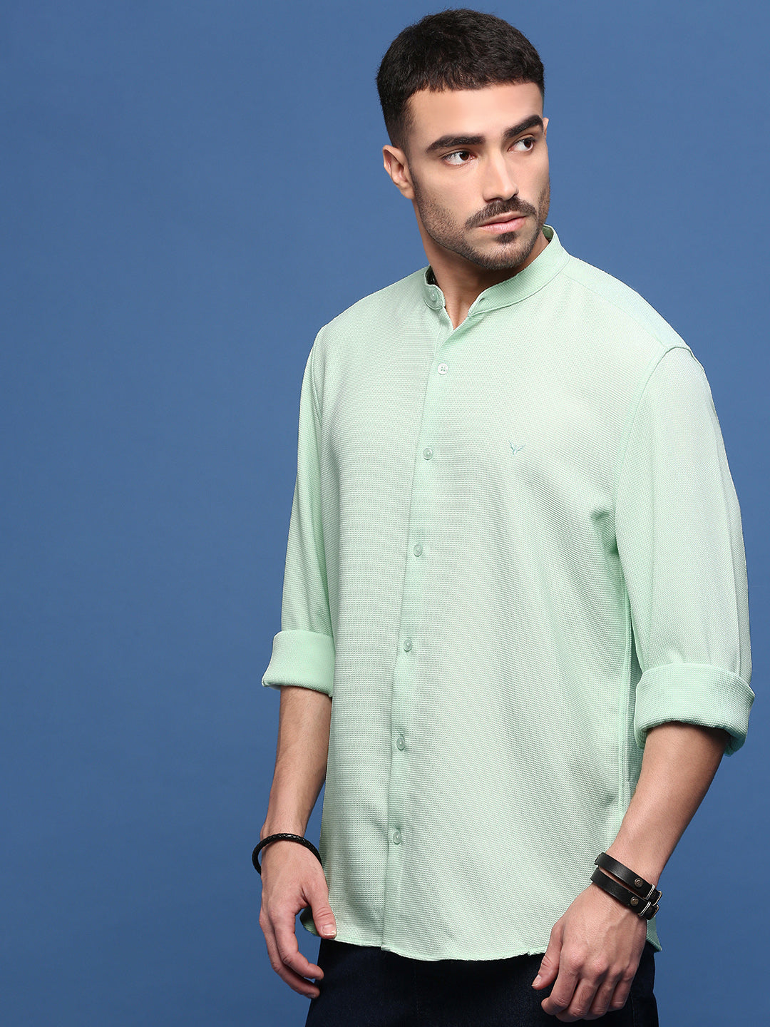 Men Sea Green Solid Slim Fit Shirt