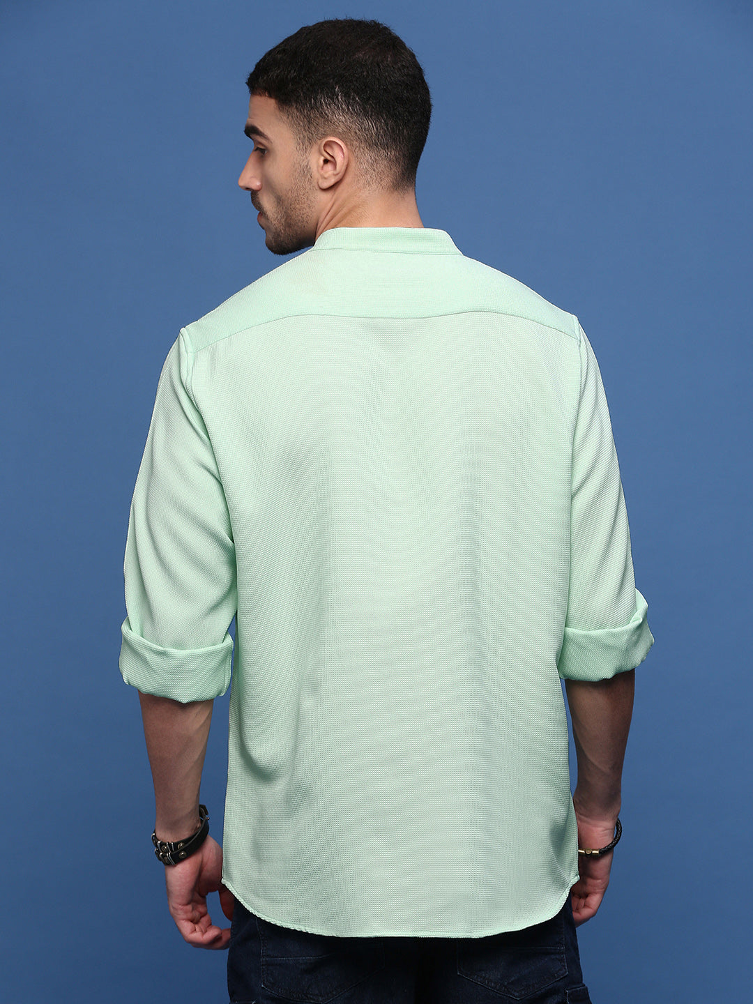 Men Sea Green Solid Slim Fit Shirt