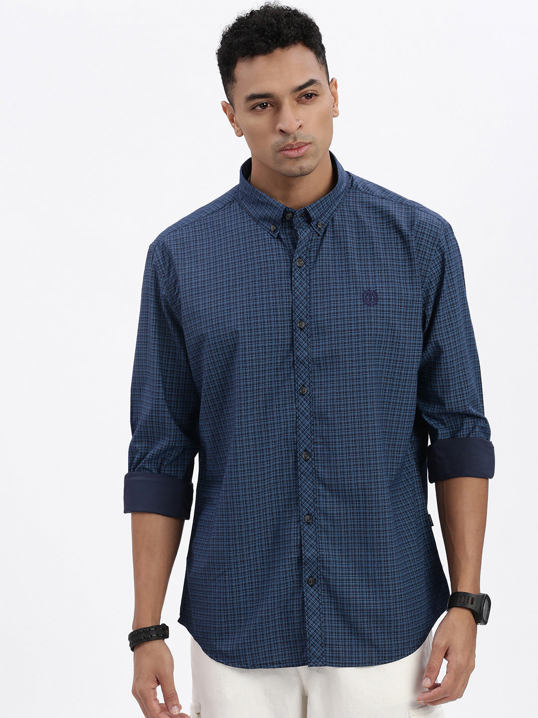 Men Blue Checked Slim Fit Shirt