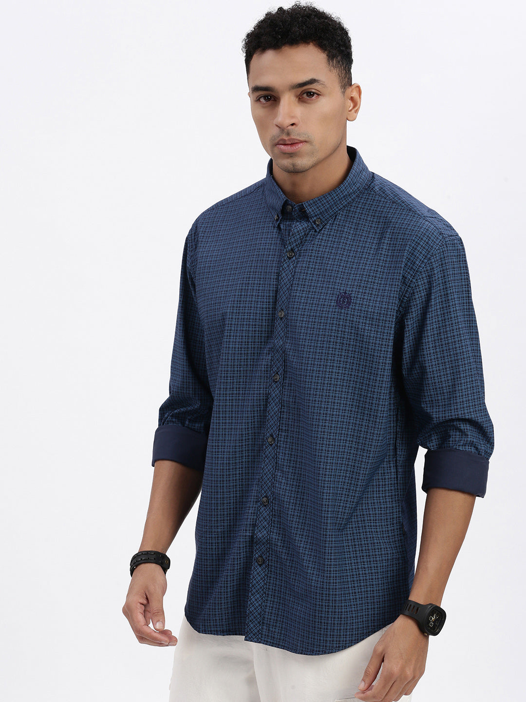 Men Blue Checked Slim Fit Shirt