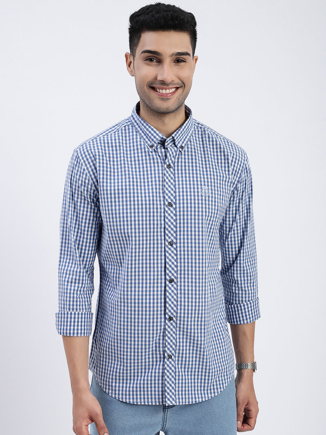 Men Blue Checked Slim Fit Shirt