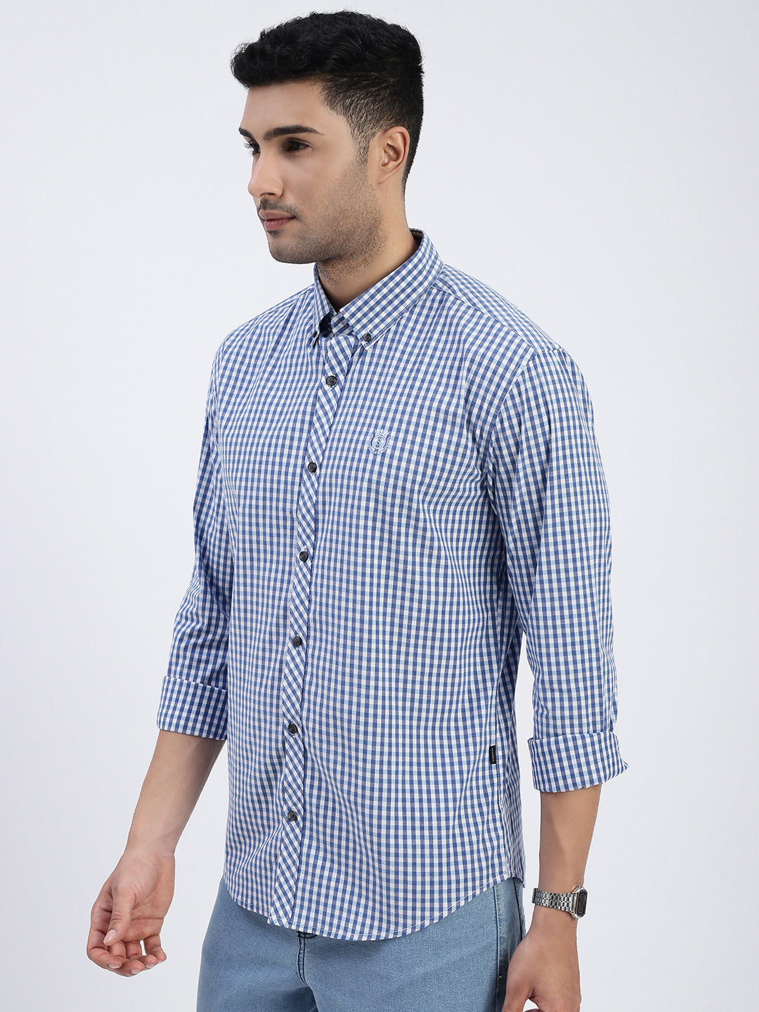 Men Blue Checked Slim Fit Shirt