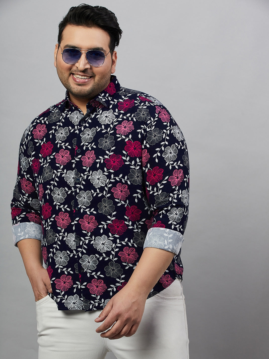 Men Printed Navy Blue Smart Shirt