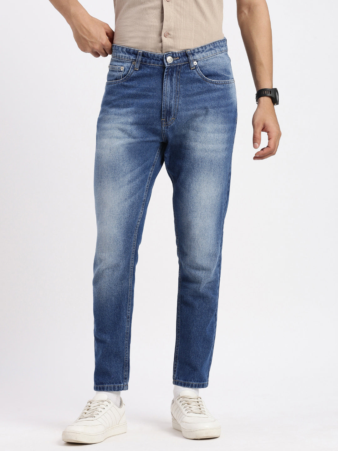 Men Regular Fit Cropped Blue Jeans