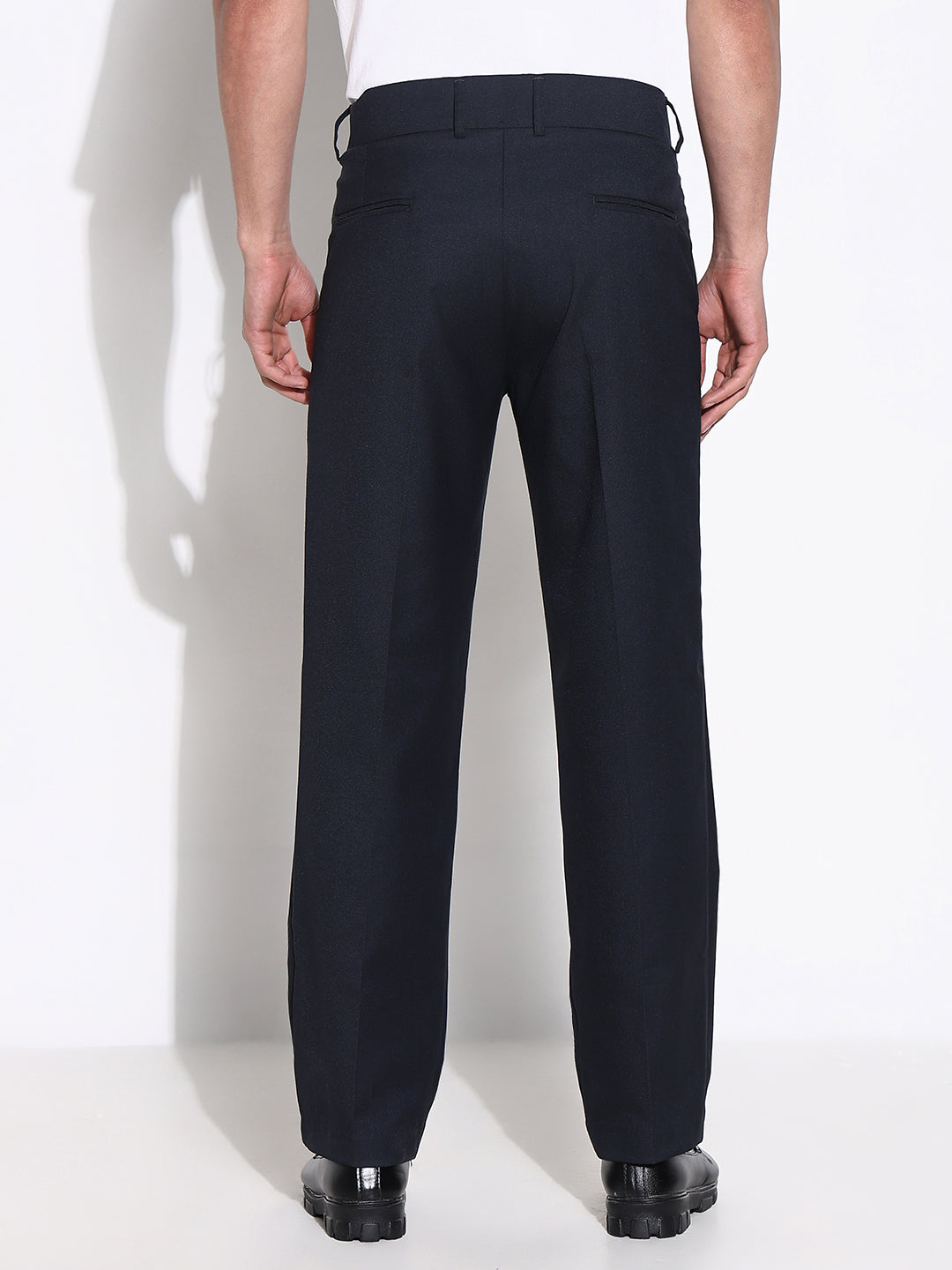 Men Navy Blue Solid Formal Trousers