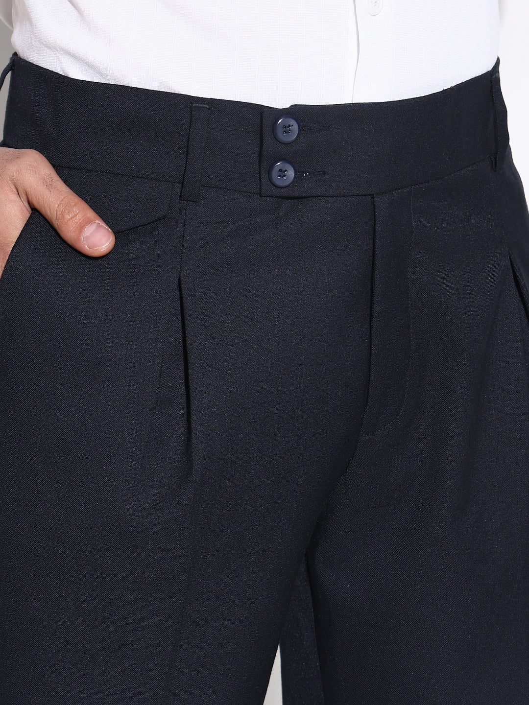 Men Navy Blue Solid Formal Trousers