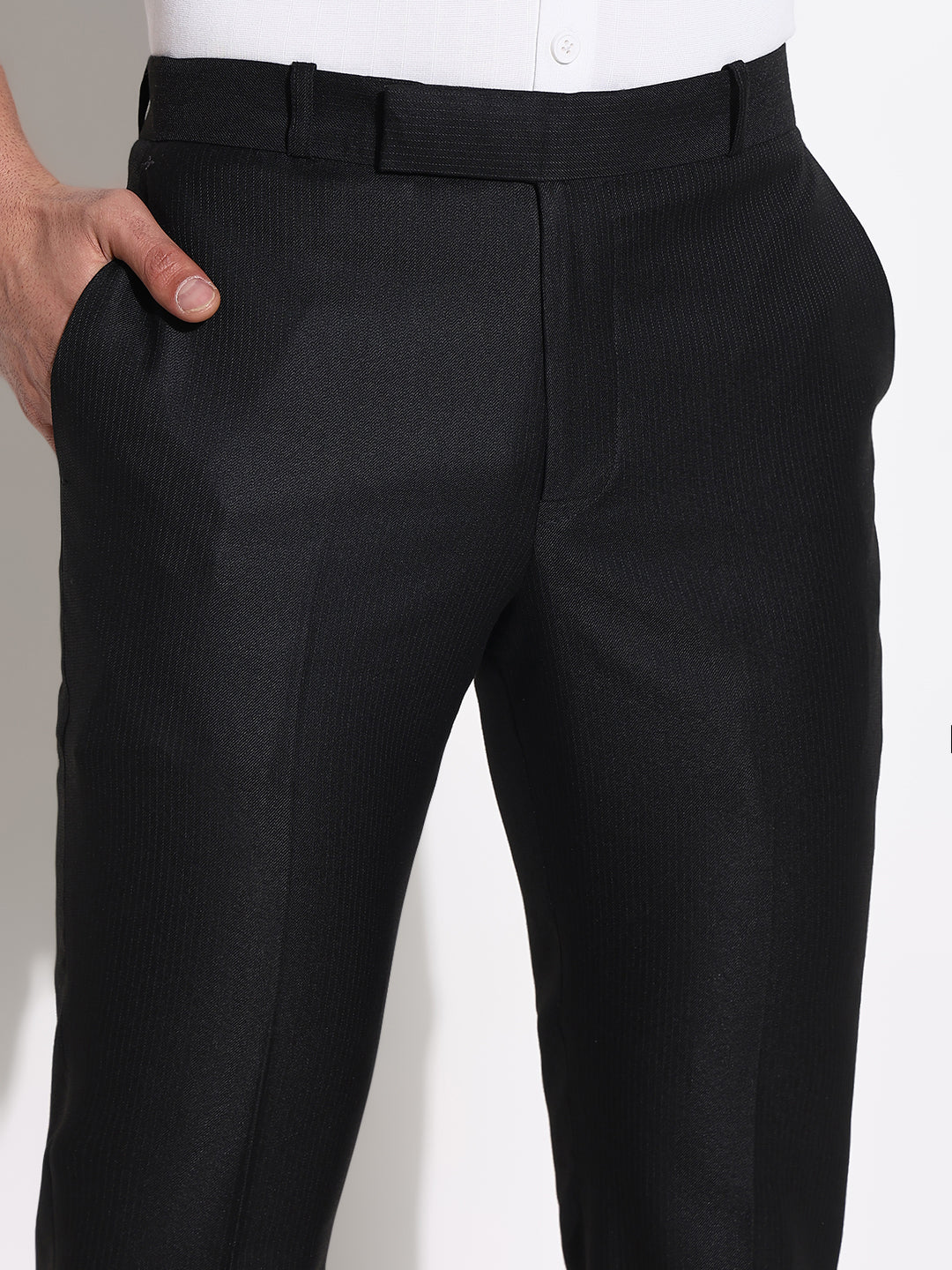 Men Black Striped Formal Trousers