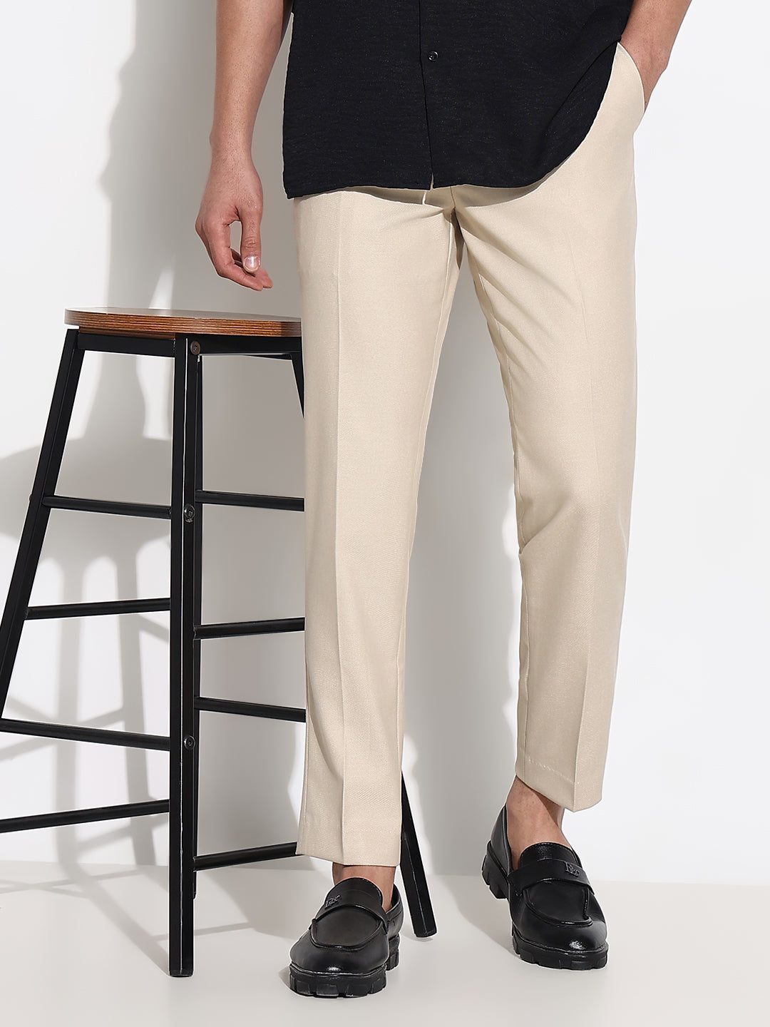 Men Cream Solid Formal Trousers