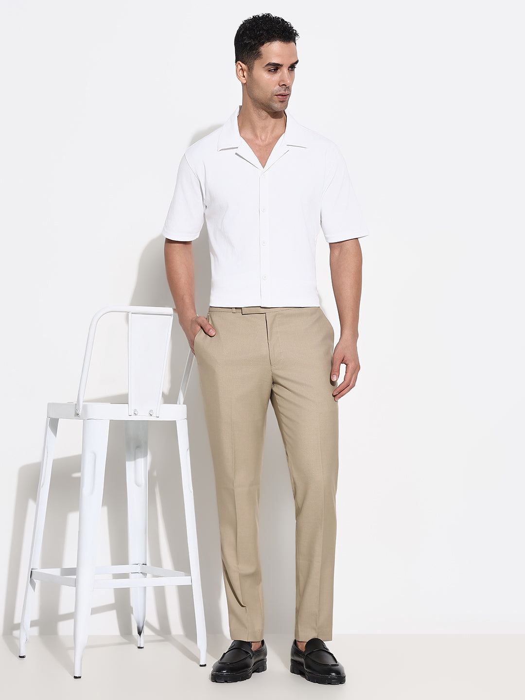 Men Beige Solid Formal Trousers