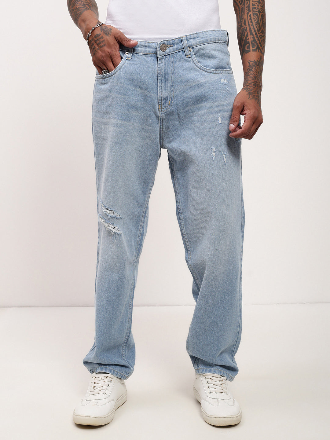 Men Blue Solid Wide Leg Jeans