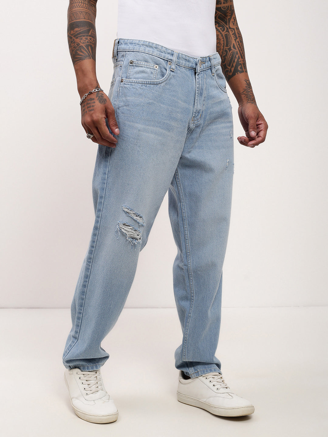 Men Blue Solid Wide Leg Jeans