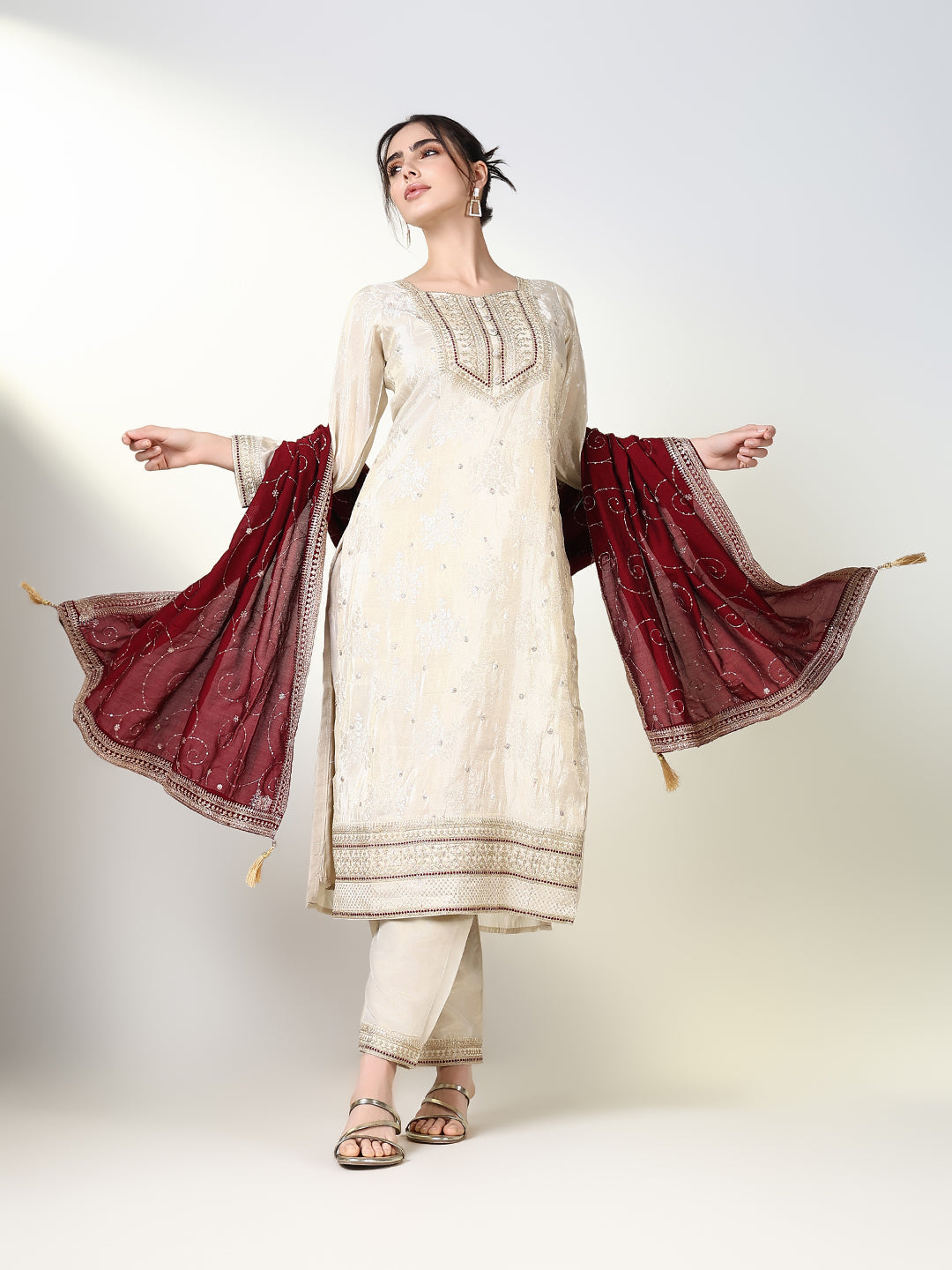 Women Floral Cream Straight Kurta Set with Dupatta