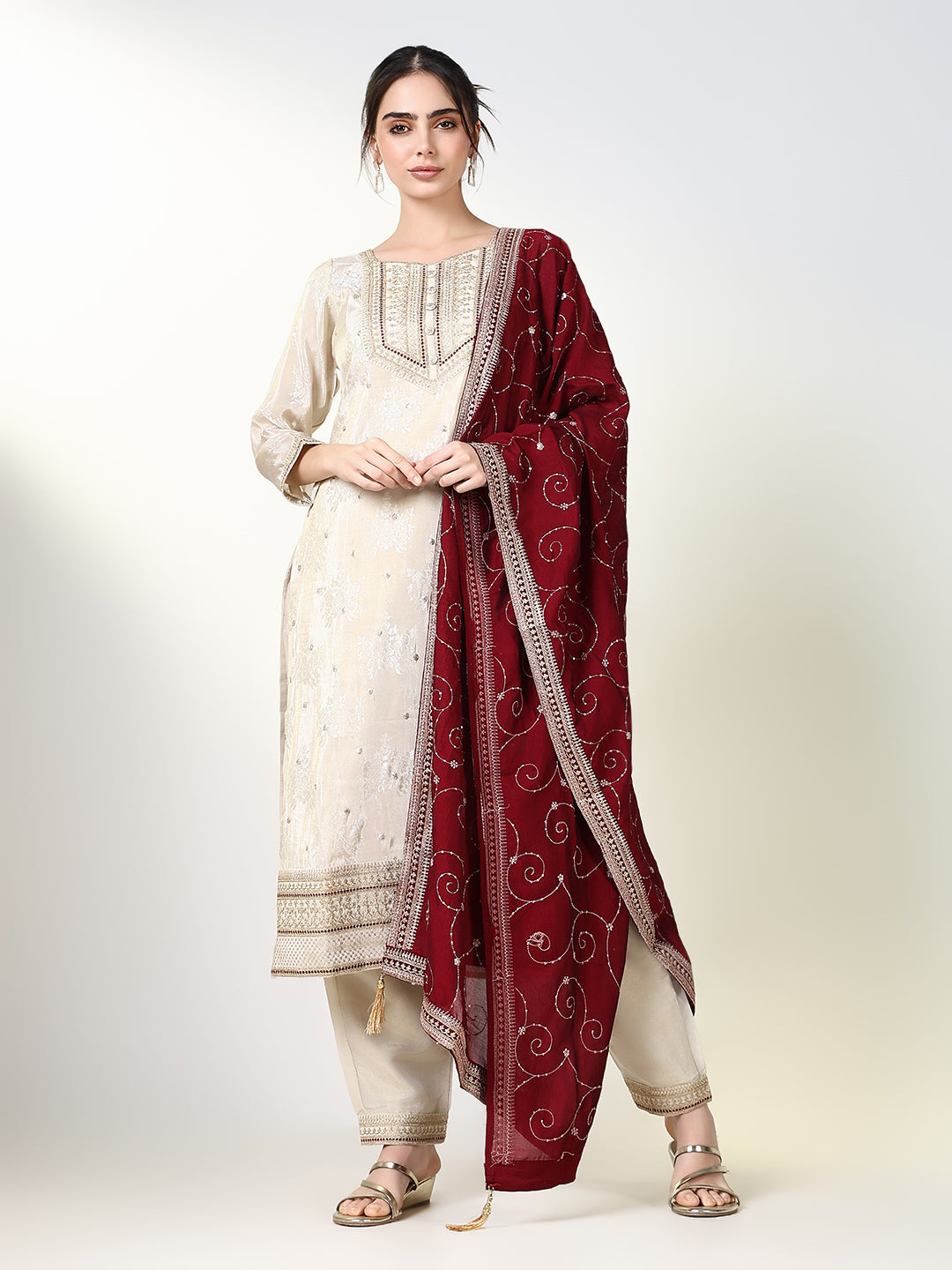 Women Floral Cream Straight Kurta Set with Dupatta