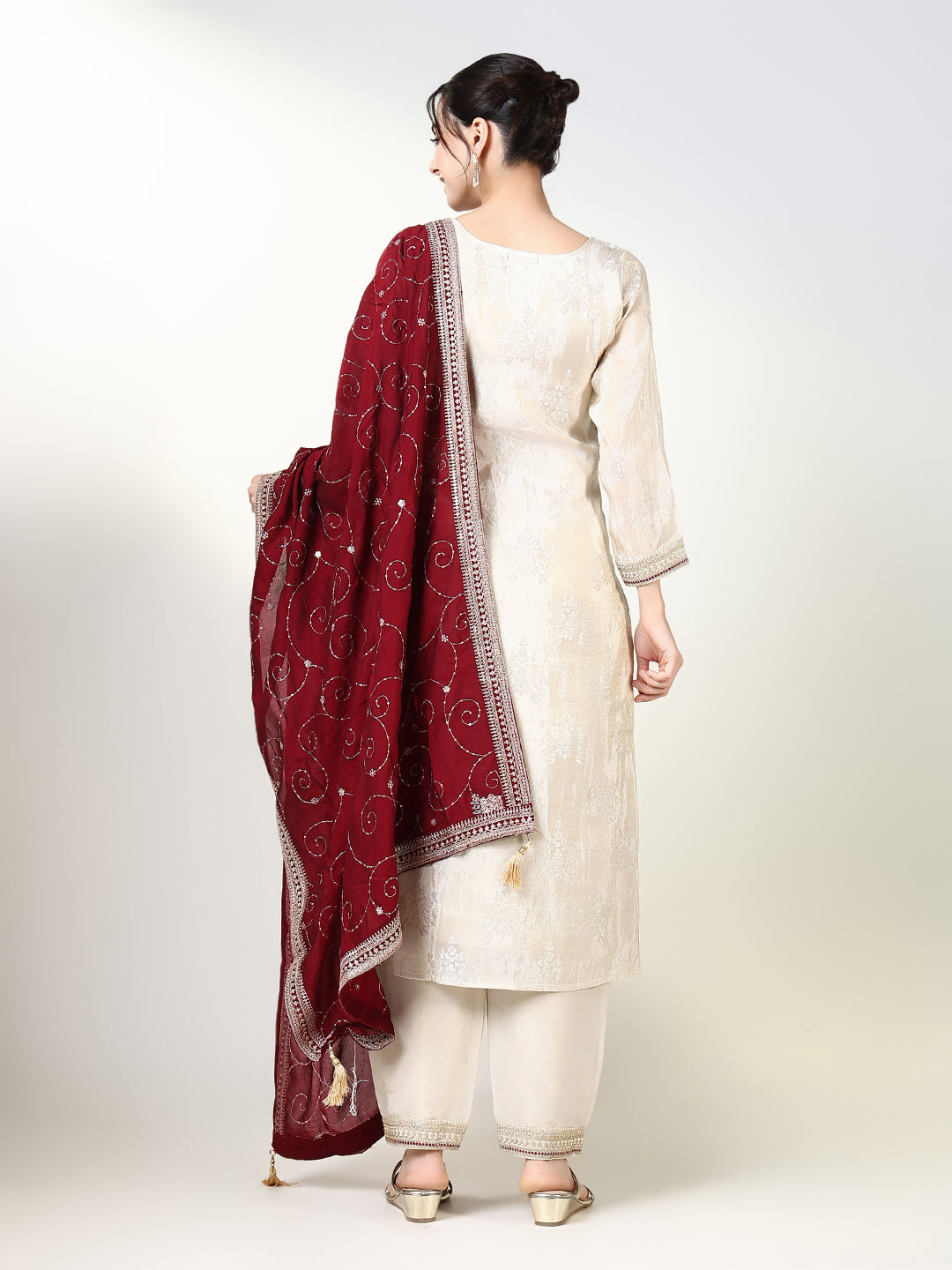 Women Floral Cream Straight Kurta Set with Dupatta