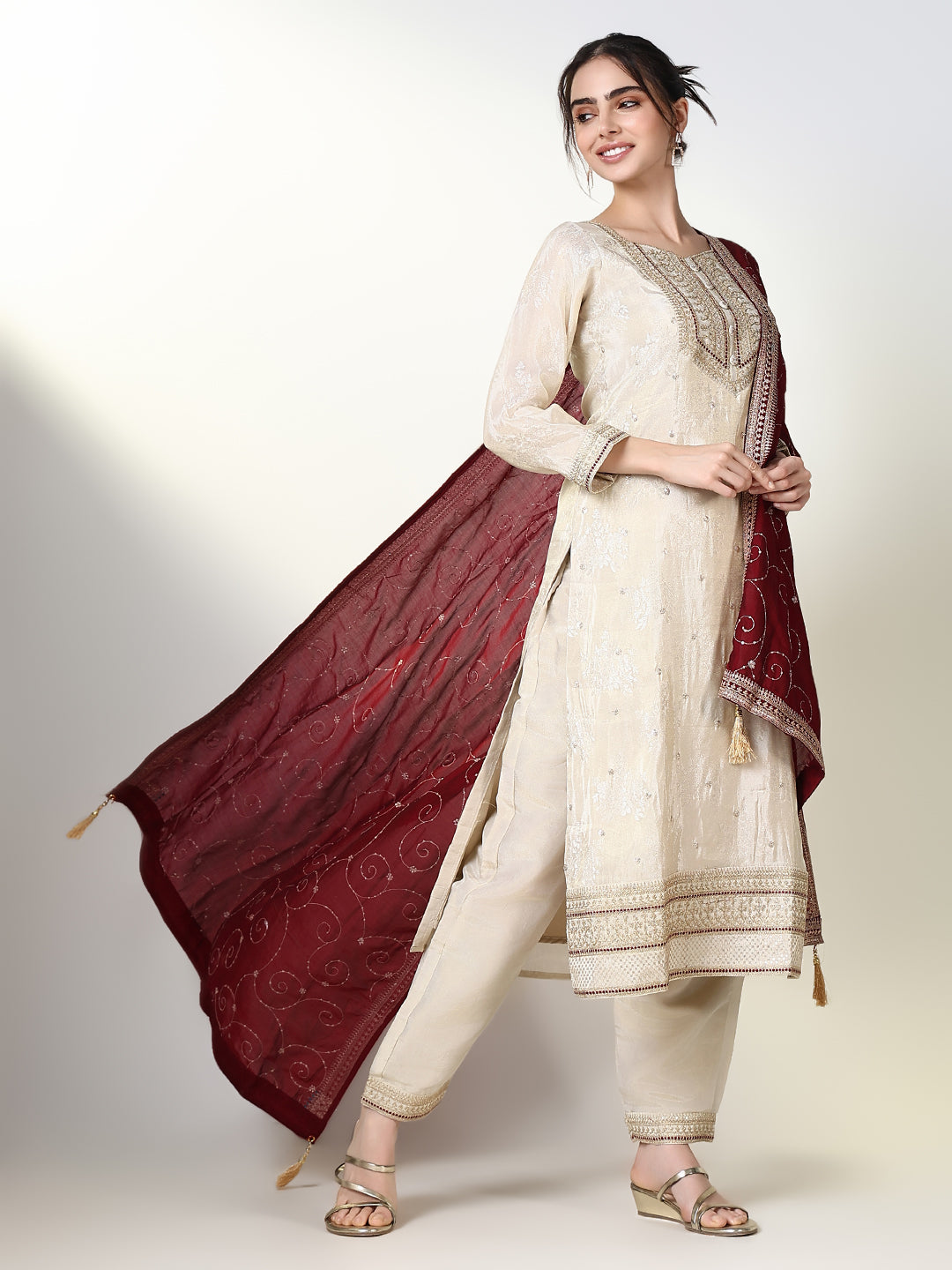 Women Floral Cream Straight Kurta Set with Dupatta