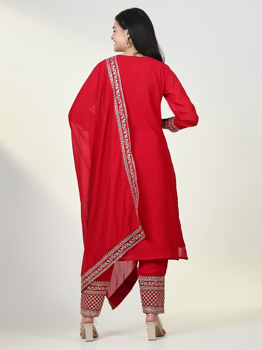 Women Embroidered Red Kurta Set with Dupatta